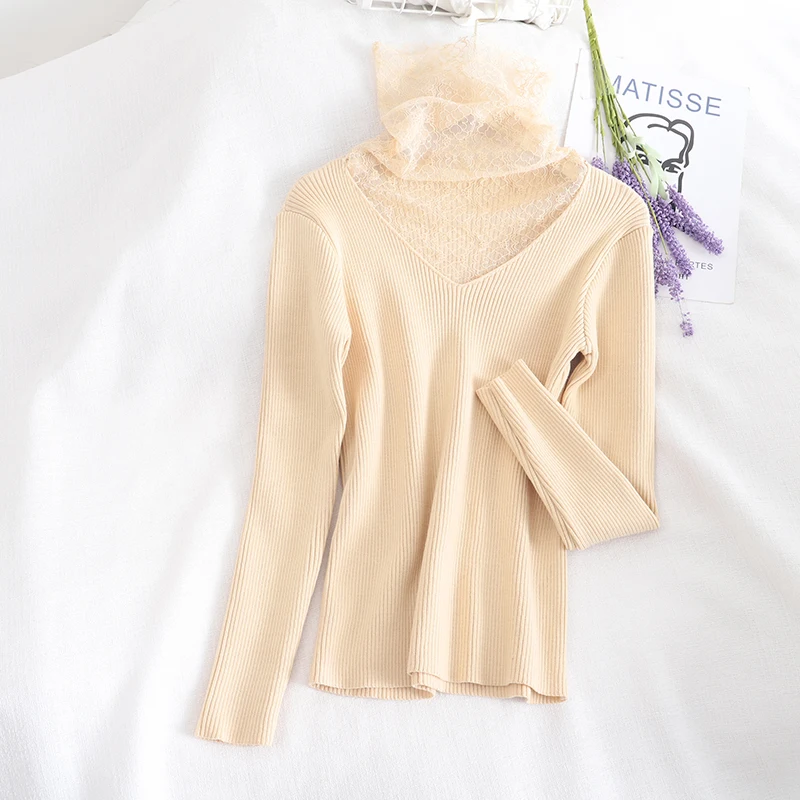 Шикарные женские свитера с кружевным воротником облегающие Женские трикотажные