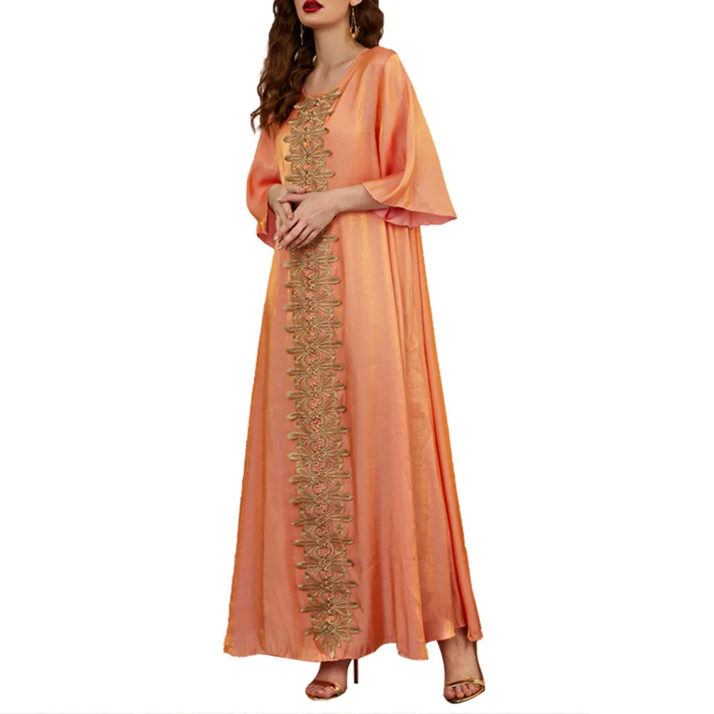 

2021 Summer Fashion New Round Neck Solid Color Flared Sleeves Loose Casual Women's Dress Temperament Elegant Embroidery