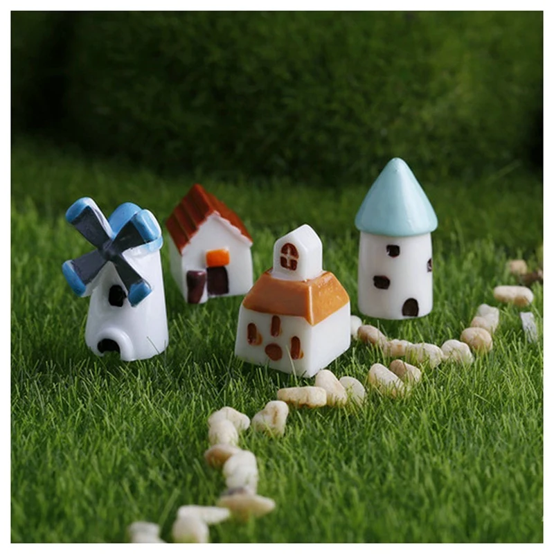 7 Pcs Resin Miniature Landscape Craft Decoration: 3 Plant Pots Bonsai Hedgehog Mushroom &amp 4 Church Castle Windmill | Дом и сад