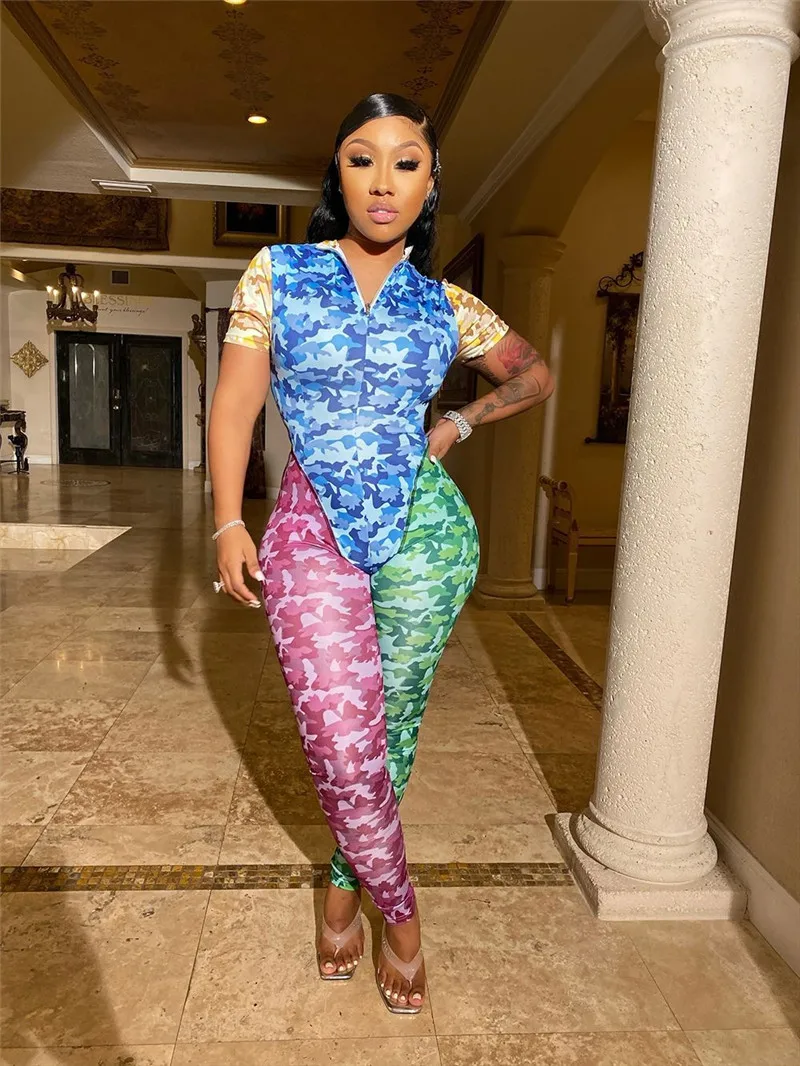 Camouflage Patchwork Zipper Up Bodycon Jumpsuit Overalls for Women Fitness Sports One Piece Outfits Summer Romper Overol Mujer