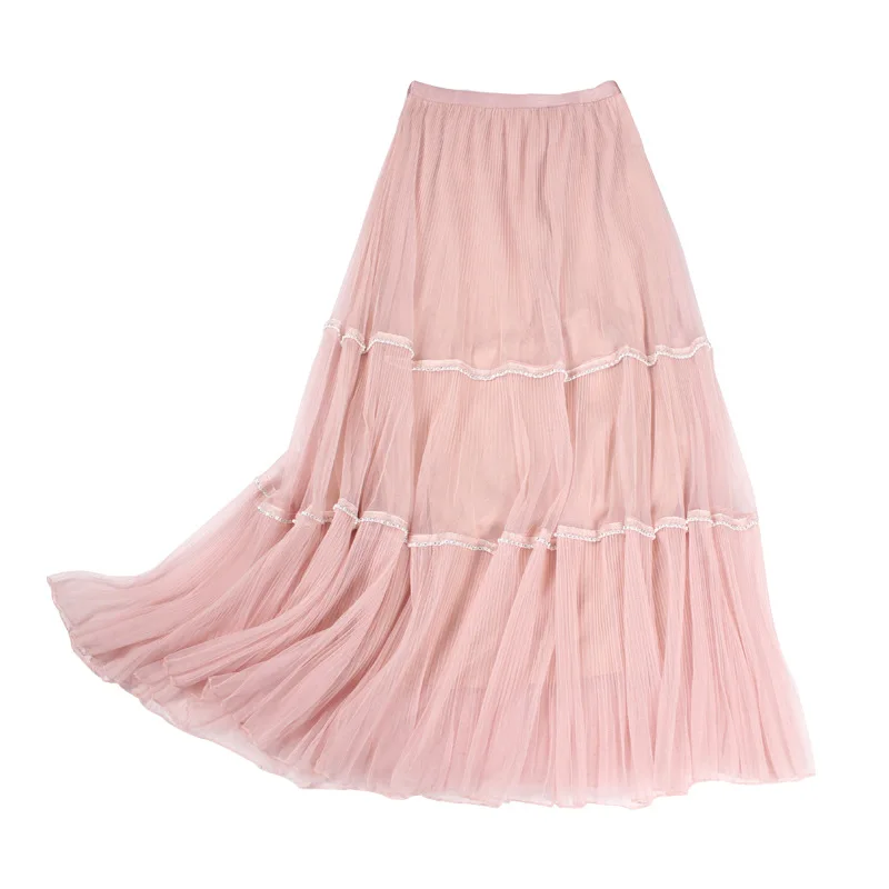 

Sweet High Waist Fairy Chiffon Skirts Women Summer Slim Solid Cake Long Skirt Women