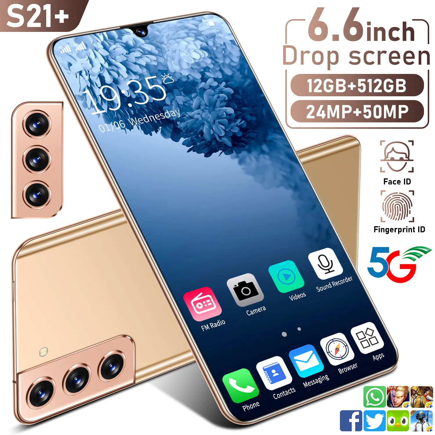 

S21+ 6.6 HD Smartphone Full Screen Support Face Unlock Dual SIM 5G Android 10.0 camera 24MP+50MP 12GB+512GB Celulares Smartphone