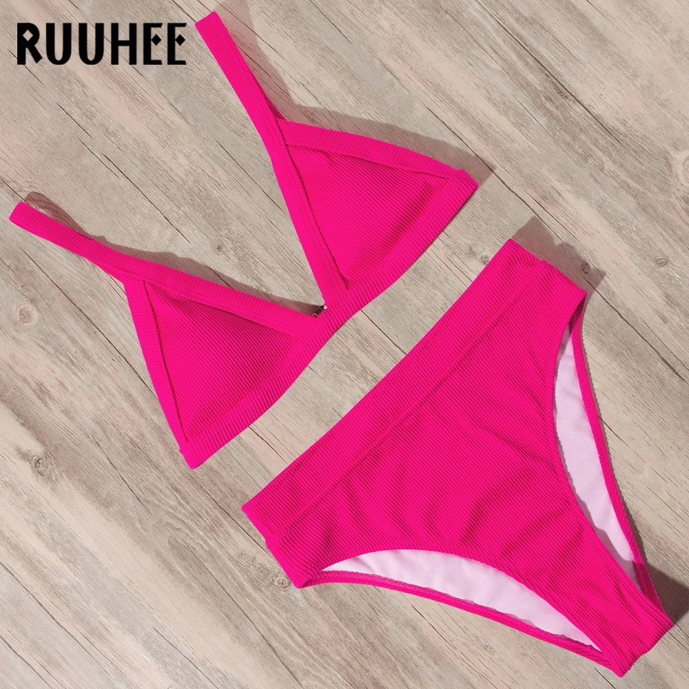 Купальник RUUHEE женский однотонный бикини с высокой талией пикантный купальный
