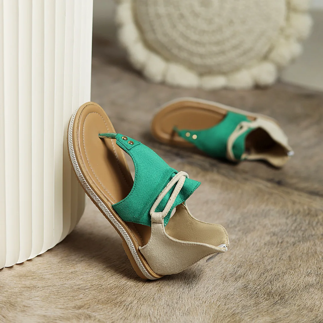 

Color-Blocking Flat-Bottomed Flip Flop Sandals Ankle Strap Back Zipper Summer Exposed Toes Street Casual Sandals Frosted Flock