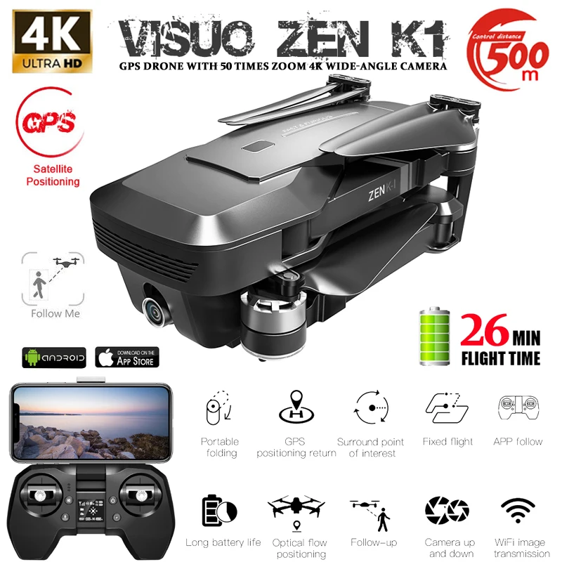 Дрон VISUO ZEN K1 4K GPS Wi Fi 50X зум двойная камера время полета 26 минут|Радиоуправляемые