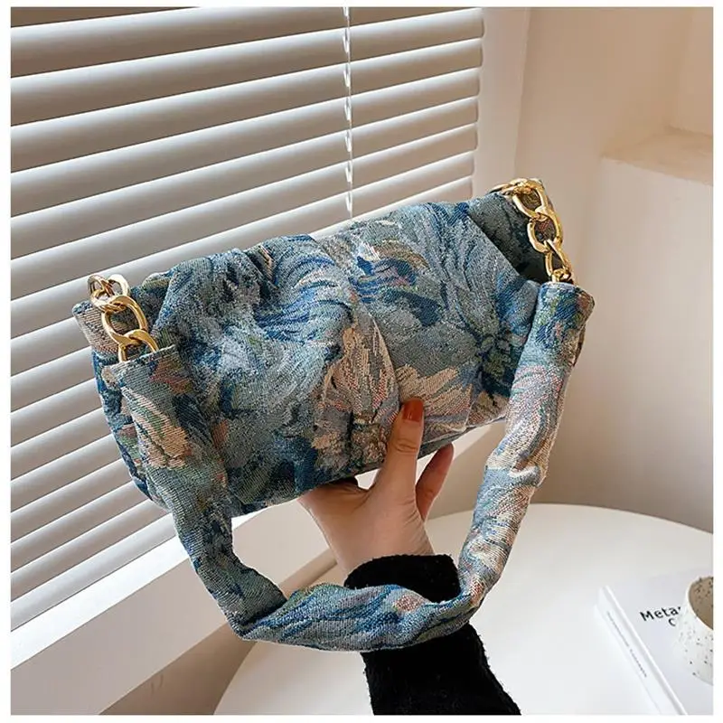 

2021 New Casual Embroidery Canvas Handbag Jacquard Design Vintage Chain Large Capacity Women one-shoulder All-match Handle Bag
