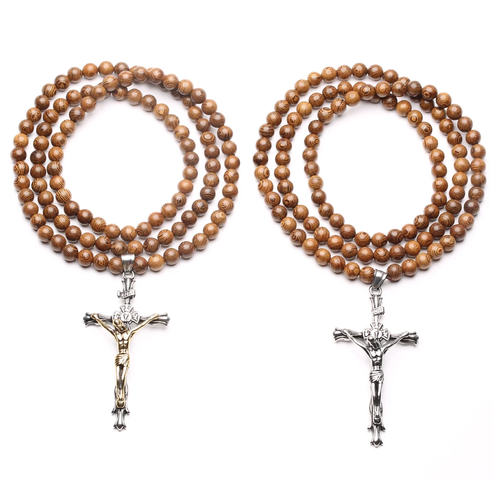 Деревянные бусы ожерелье Иисус стоя на кресте ювелирные изделия браслет