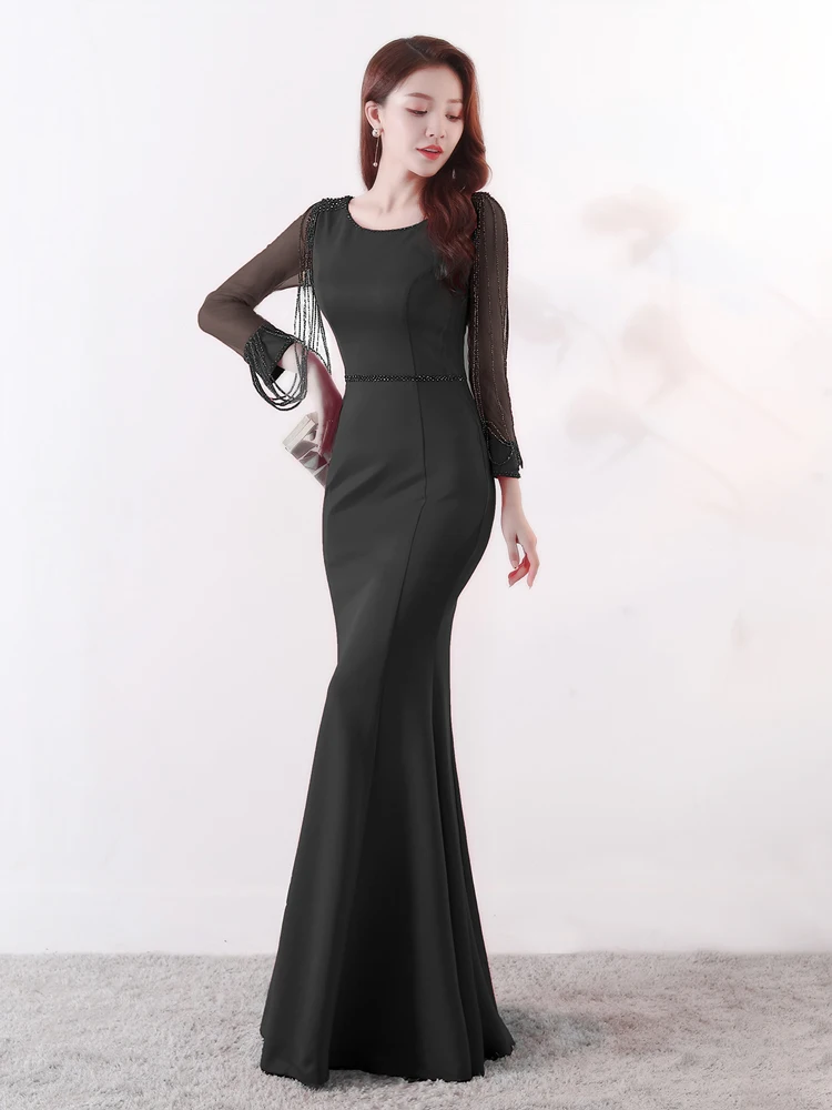 Черное Формальное мусульманское вечернее платье с длинным рукавом на молнии