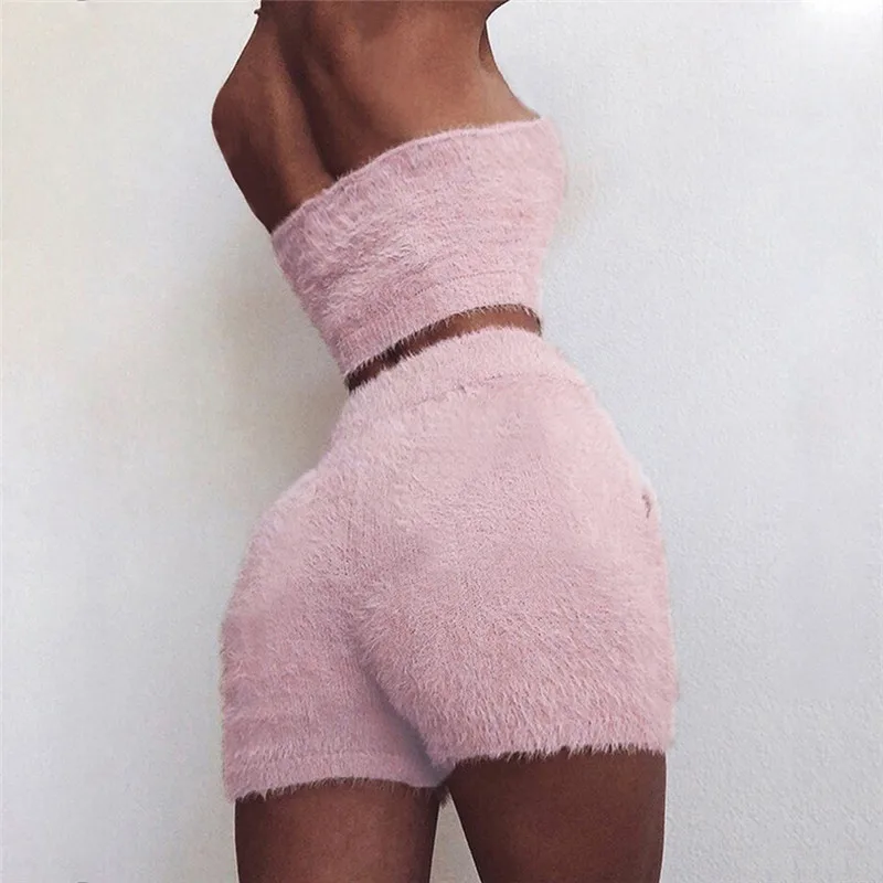Сексуальная Bodycon пушистый трубчатые Топы без бретелек шорты костюм осень-зима