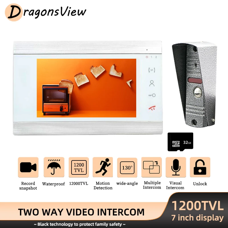 

Видеодомофон DragonsView для дома, проводной видеодомофон с 7-дюймовым монитором, 1200TVL, записывающая система безопасности