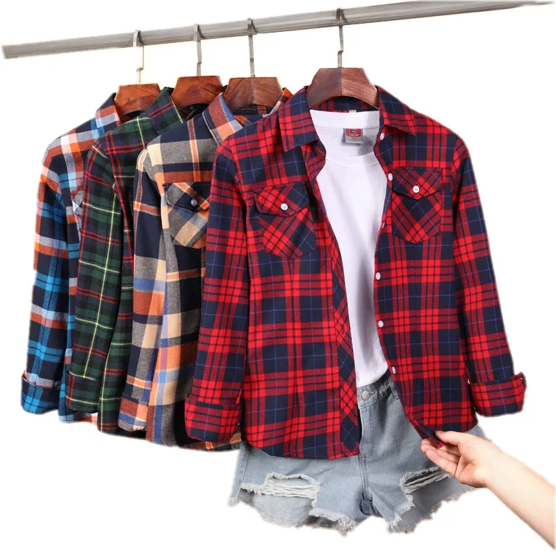 2021 New Women Plus Size Blouses Long Sleeve Cotton Shirts Turn-down Collar Flannel Plaid Shirt Casual Female Blouse 4XL 5XLTops | Женская