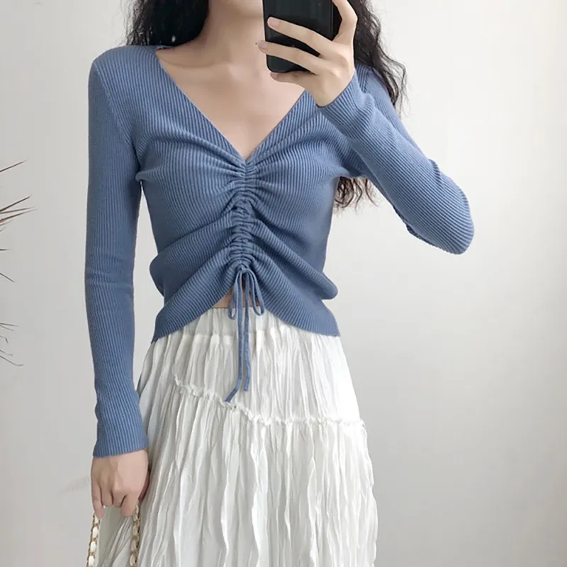 

Fashion Autumn Winter Women Sexy Lace Up Slim Fit Sweater Knitting Pullover Top Chic V-neck Drawstring Sweaters