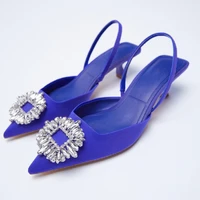 zarz 2022 summer new blue single shoes women brethable fashion pointed toe high heels sexy rhinestone sandals and slippers shoes