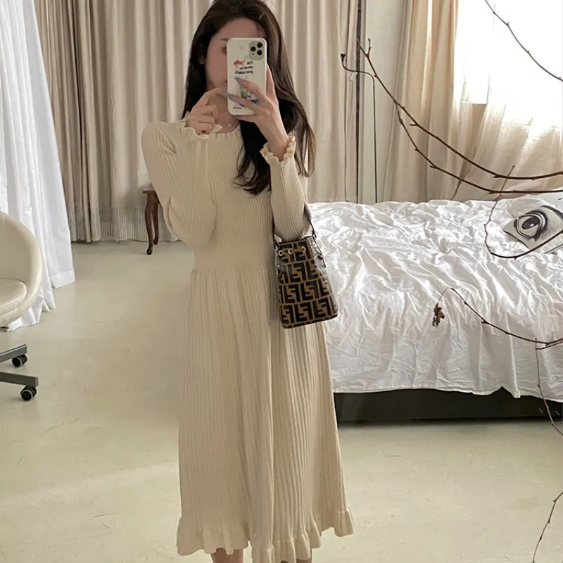 

Winter Knitted One Piece Dress Koean 2020 Long Sleeve Slim Elegant Sweater Dress Women Solid Outdoor Office Knit Dress Female