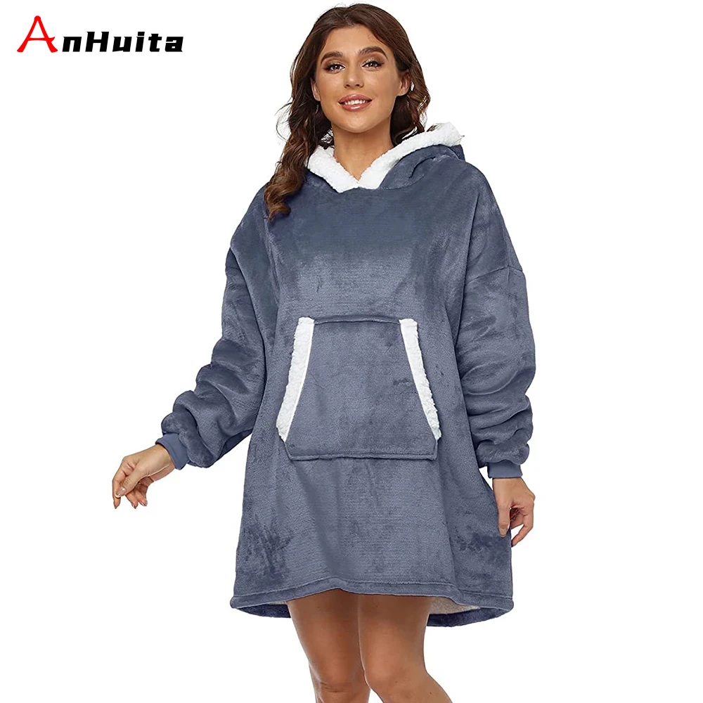 

Winter Oversized Hoodies Women Fleece Warm TV Blanket with Sleeves Pocket Flannel Plush Thick Sherpa Giant Hoody Long Sweatshirt