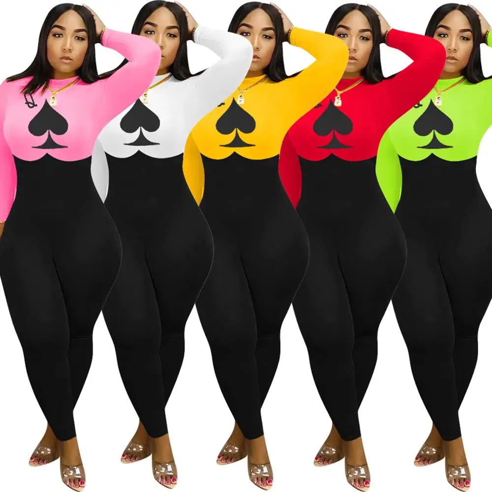 

Women fashion Trend Ladies Poker Spades Q Long Sleeve Jumpsuit Casual High Street Slim Sexy Long Jumpsuit Women