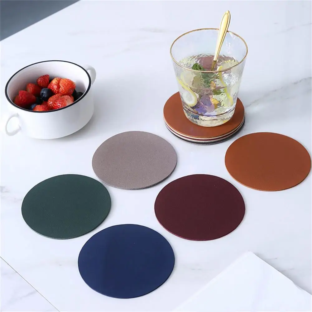 

4Pcs Modern Cup Placemat Tear Resistant Non-slip Not Easy Deform Table Decor Round Faux Leather Table Coaster for Dinner Bar