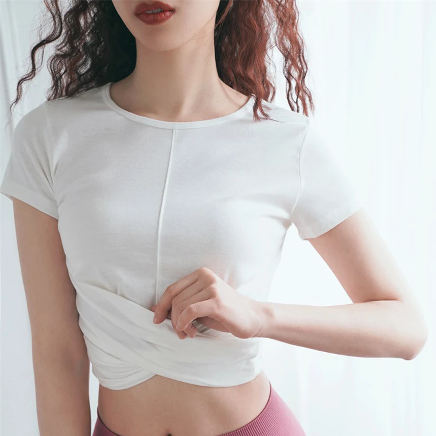 

BINAND Sexy Sport Top Women Tight Yoga Top Workout Gym T-shirt Fitness Crop Top Round Collar Training Running T-shirt Yoga Shirt