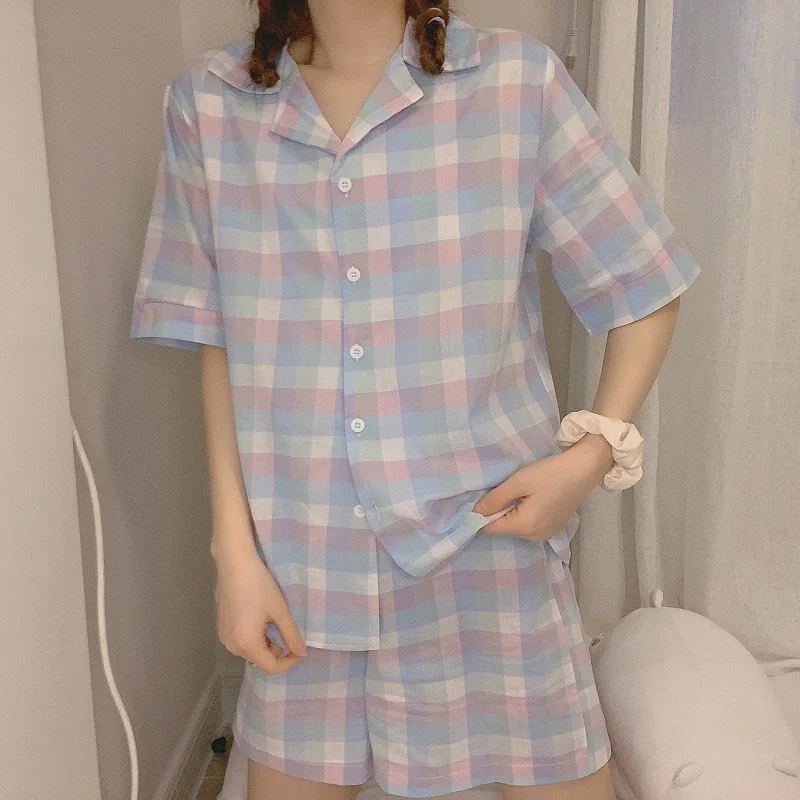 CAIYER Summer Plaid Pajamas Suit Sweet Girl Purple Printing Sleepwear Korean Women Leisure Pyjamas Home Luxury Pajamas for Women