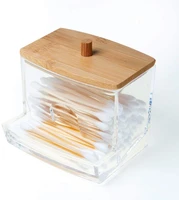 balleenshiny creative square acrylic cotton swab storage box with wooden cover home portable storage box for cotton swabs