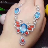kjjeaxcmy fine jewelry 925 sterling silver inlaid natural red coral blue topaz classic girl new pendant necklace support test