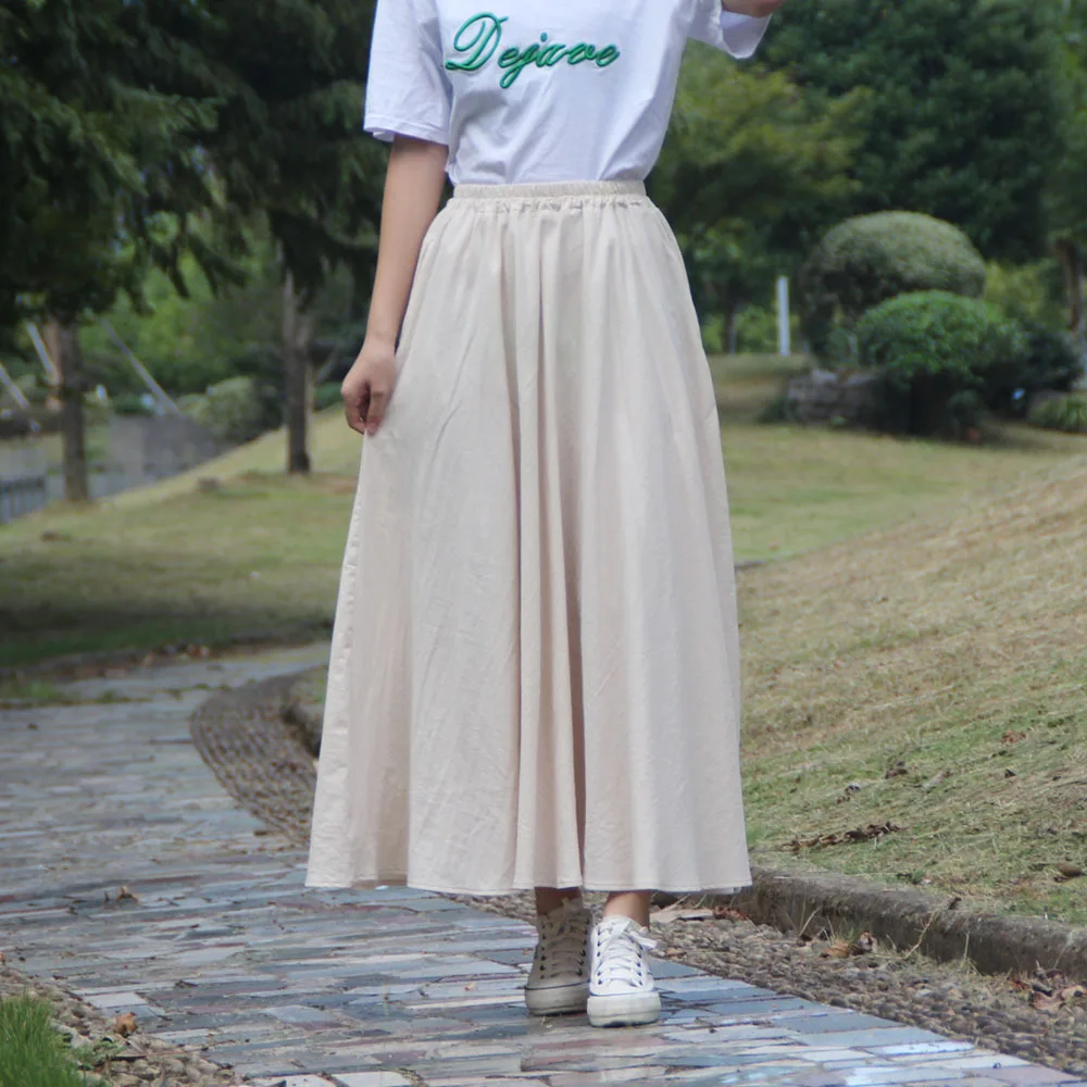 

Spring Summer Women Vintage Elastic Waist Midi Long Skirts Ladies Cotton Linen A-Line Solid Ankle-Length Casual Female Skirt