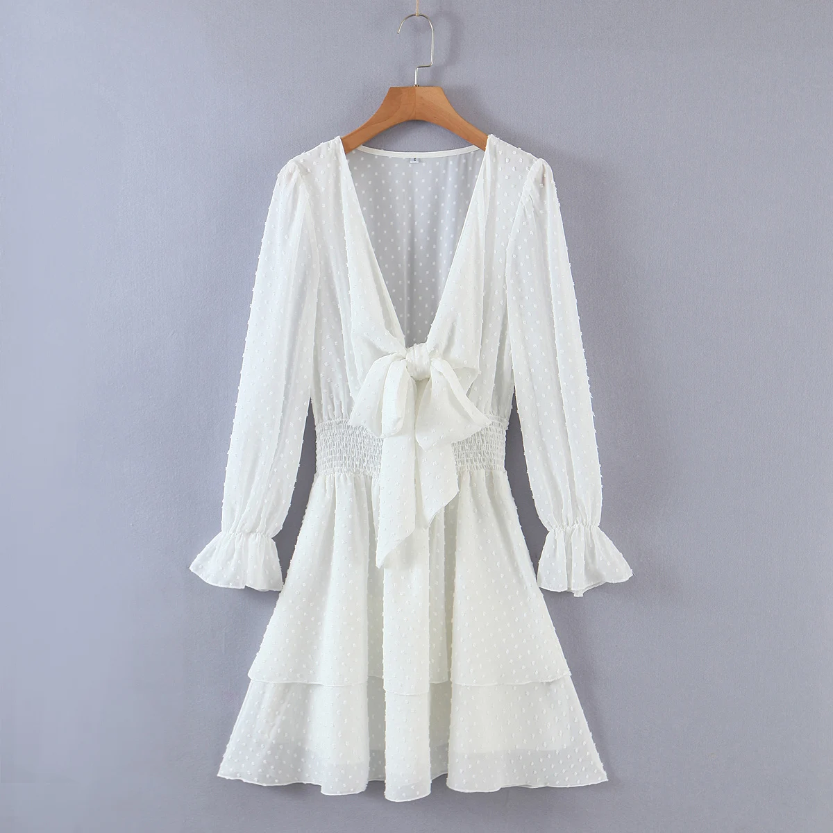 

Лето 2021, новинка, женское платье JC · kкомфортное с глубоким V-образным вырезом, длинными рукавами, бантом и жаккардовой талией 6026