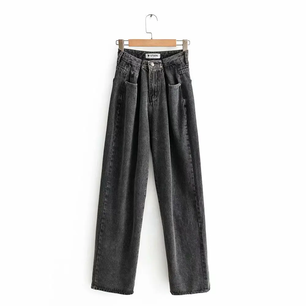 Autumn /Winter High Waisted Jeans Fashion Washed Double Buckle Mopping Wide-Leg Mom Jeans High Waist Denim Baggy Jeans Black