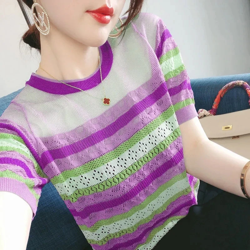 

New Contrast Colors Hollow Out Knit Tops Women Plus Size Short Sleeve Knitwear T-Shirt Summer Thin Round Neck Ice Silk Pullovers