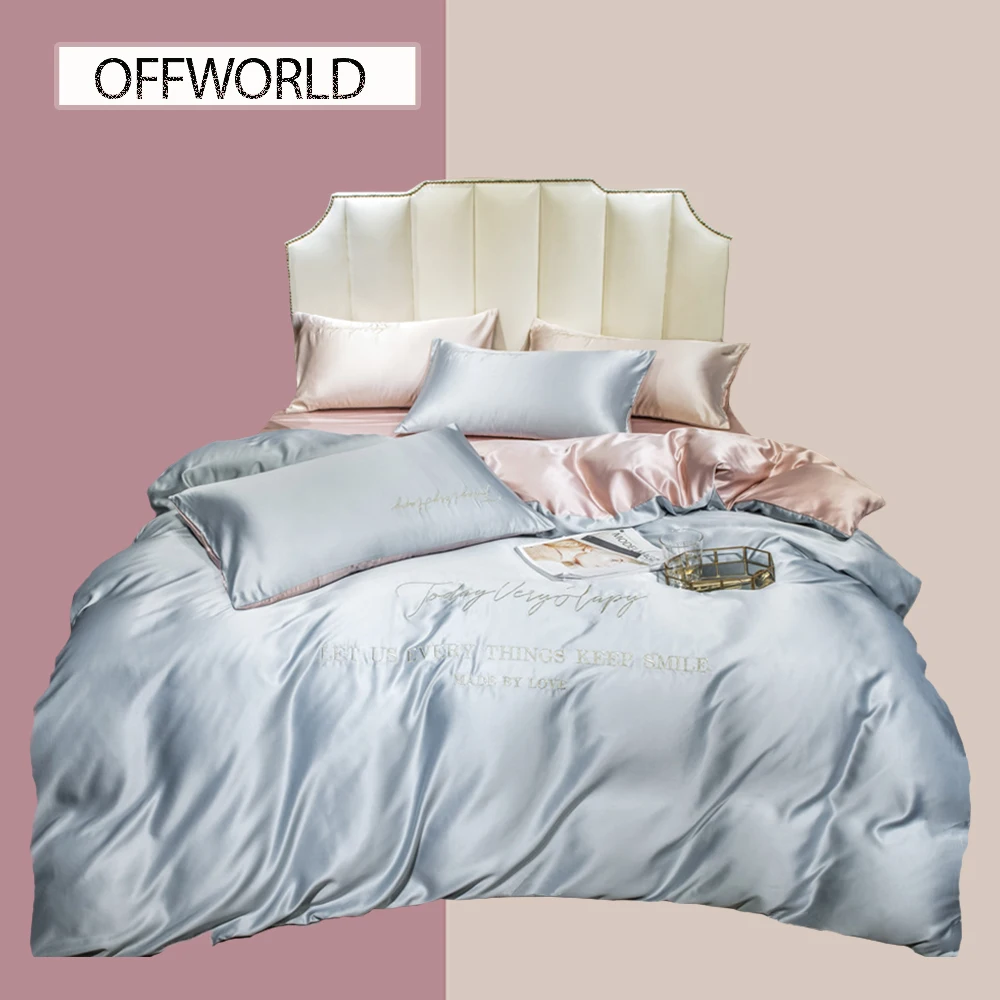 OFFWORLD 3/4Pcs Luxury Silk Satin Jacquard Duvet Cover Bedding Set Color Match Double-Sided Washed Bed Linen Staple Cotton Suits