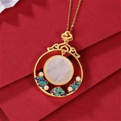 

Colorful Cloud Moon Pendant Original S925 Sterling Silver Gilding Hetian Jade Vintage Cloisonne Xiangyun Moon Lady Pendant