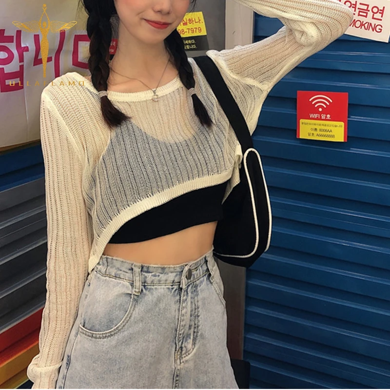 

Женская трикотажная футболка с круглым вырезом и длинным рукавом, белый прозрачный ультратонкий пикантный свободный кроп-топ, уличные Короткие топы, женская футболка