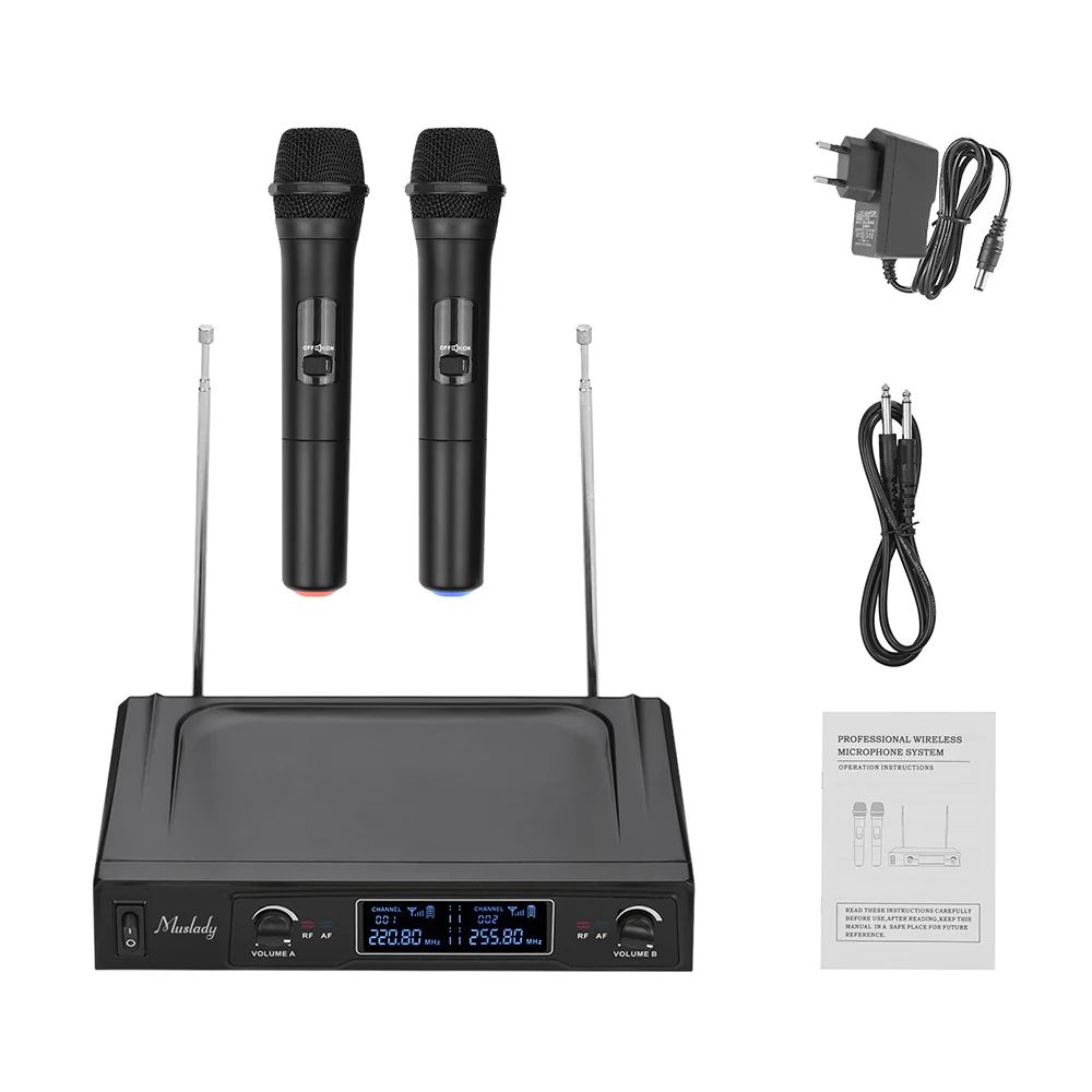Muslady V1 беспроводной VHF микрофон системы 2 ручные микрофоны и 1 приемник с ЖК