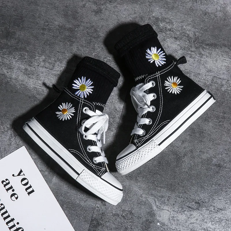 

Black Boys Canvas Shoes Kids Casual Shoes for Boys and Girls Spring Canvas Sneakers for Kids Flowers High-top Shoes Size 25-38