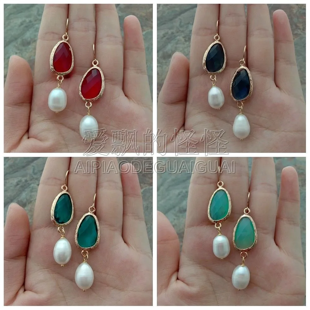 Белый жемчуг зеленый красный темно синий аква кристалл серьги|Серьги-подвески| |