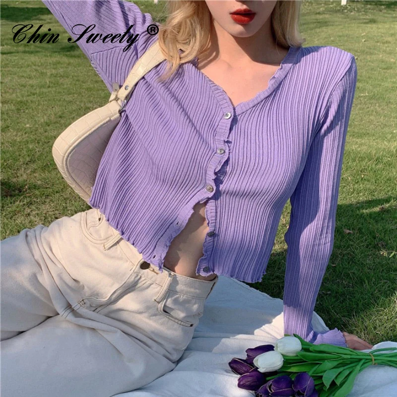 Женский вязаный короткий свитер с рюшами кардиган для девочек v образный вырез