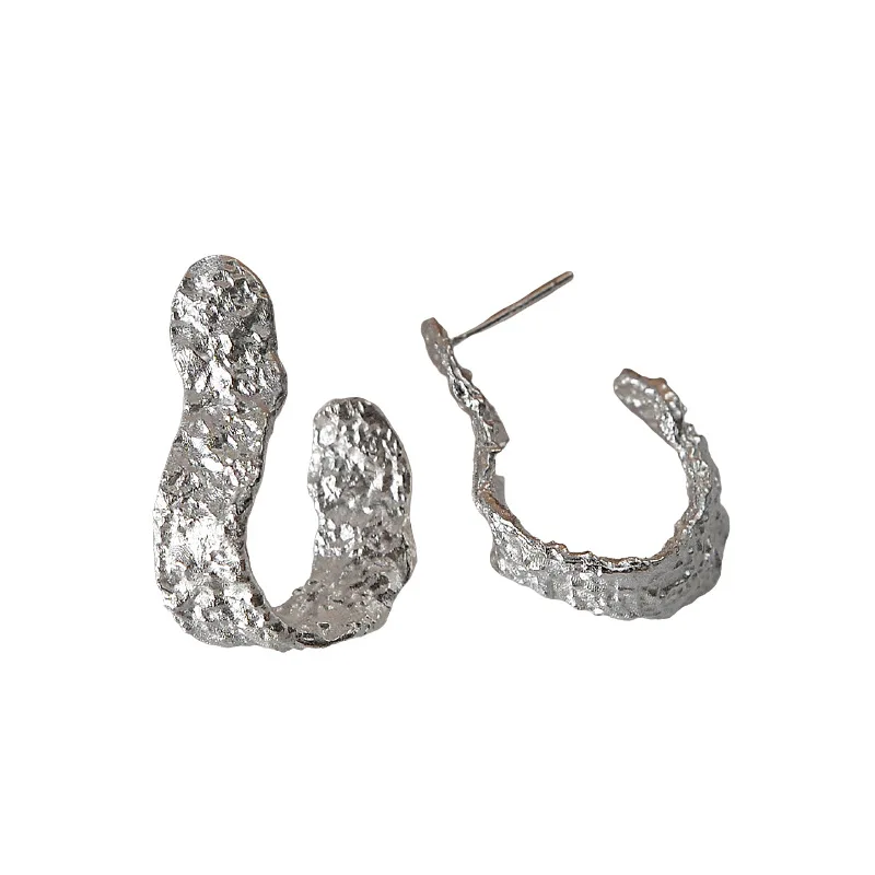 

F.I.N.S Trendy Simple 100% S925 Sterling Silver Wrinkle Earrings Texture Female Hook-Shaped Statement Drop Earrings Fine Jewelry