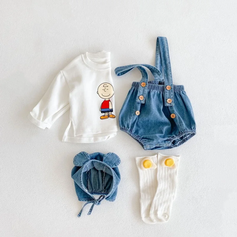 Conjuntos de 3 piezas para beb&eacute;s y ni&ntilde;os, camiseta de dibujos animados de manga larga + Mono vaquero + gorro, trajes E3001, novedad de Oto&ntilde;o de 2021-3