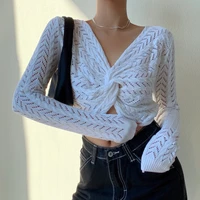 xuxi 2021 spring french sexy top fashion sweater hollow out knitting knotted v neck short cropped navel e2312
