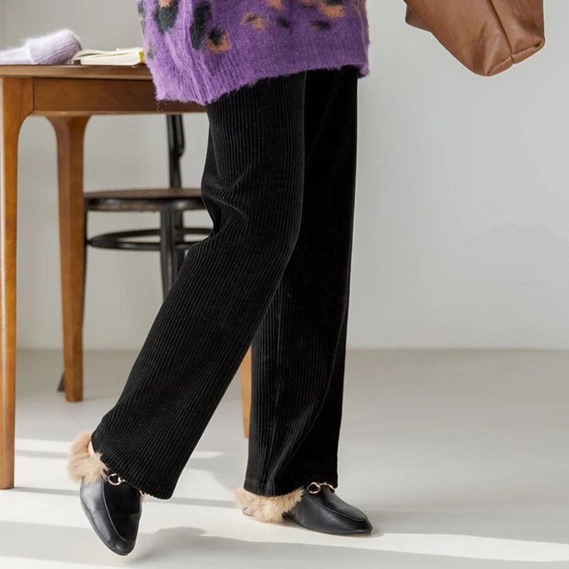 

Corduroy Loose Straight-leg Pants Woman Simple Solid High Waist Slim Thick Trousers Women Casual Elastic Waist Women's Trousers
