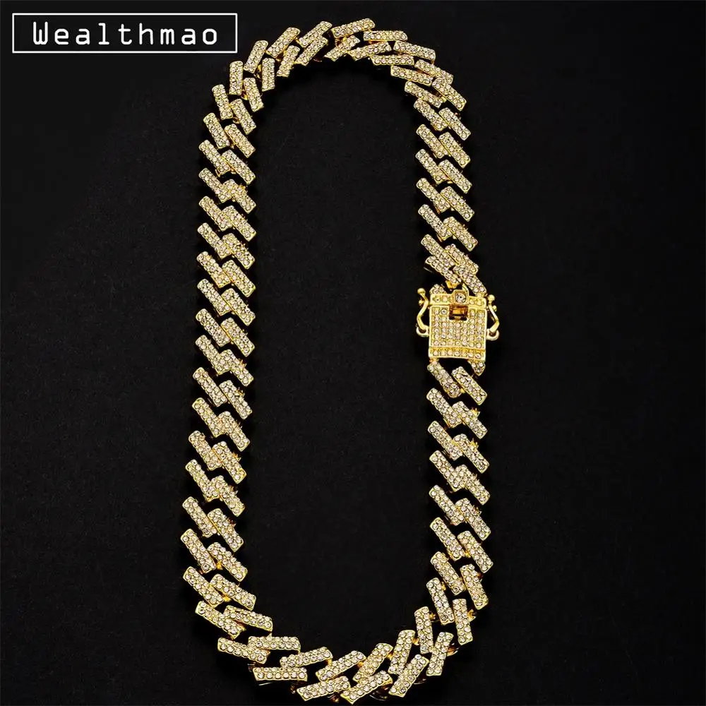 

15mm Miami Prong Cuban Chains Necklace For Men Gold Silver Color Hip Hop Iced Out Paved Bling CZ Rapper Necklace Jewelry