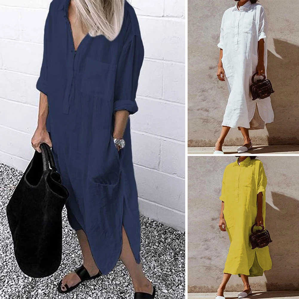 Женское офисное платье с отворотом повседневное Однотонное Платье макси длинным