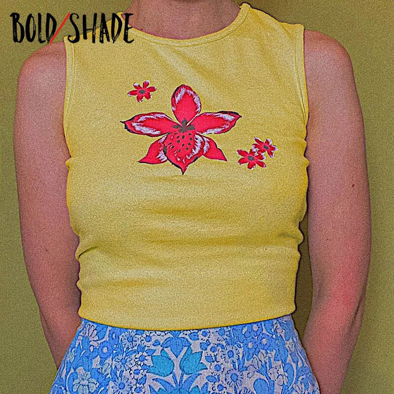 

Bold Shade 90s Indie Y2K Style Tanks Floral Print Sleeveless Basic Yellow Tank Tops Women Slim Goblincore Fashion Clothes Top