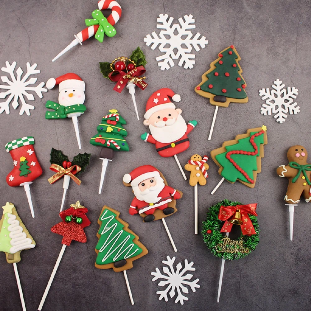 

Christmas Cake Decorations Christmas Tree Old Man Gifts Snowman Straw Ring Topper Resin Cupcake New Year Party Baking Supplies