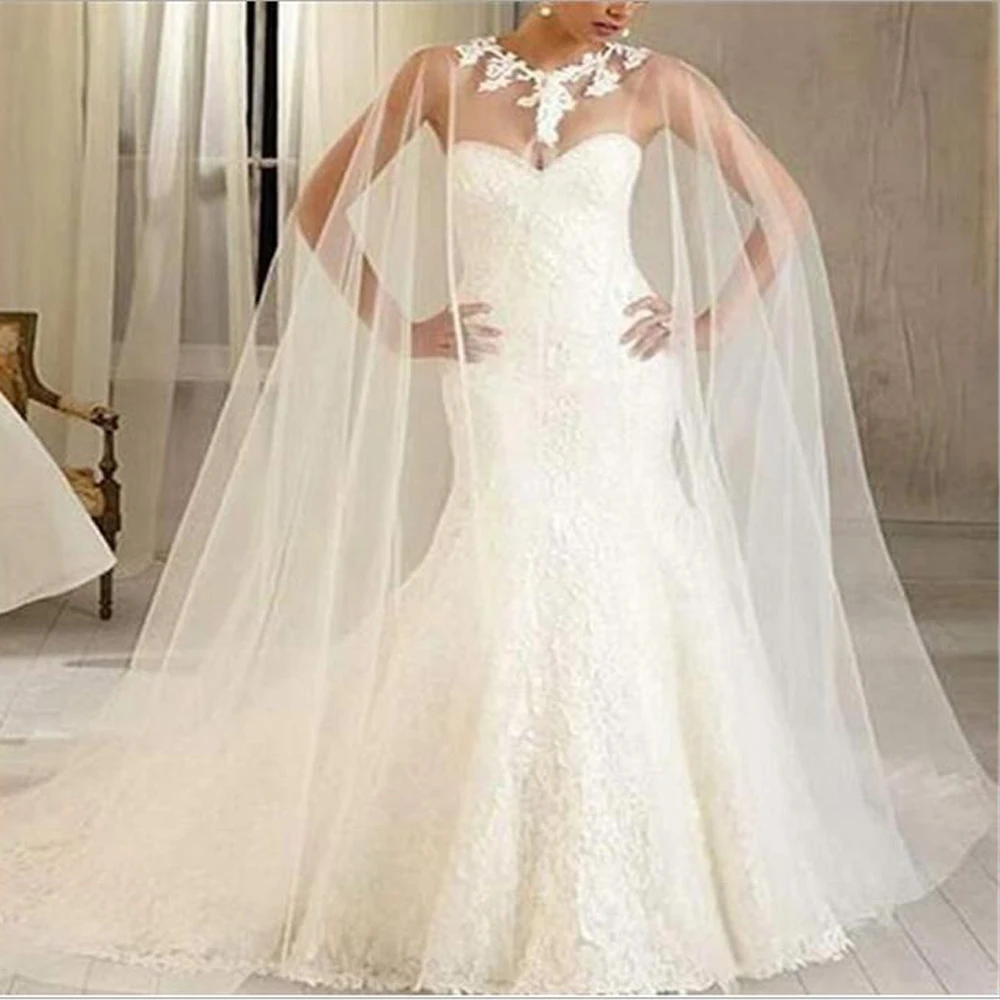 

2021 Appliques Bridal Cape Cloak Long Tulle Floor Length Wedding Jacket White Ivory Bride Wrap Wedding Accessories