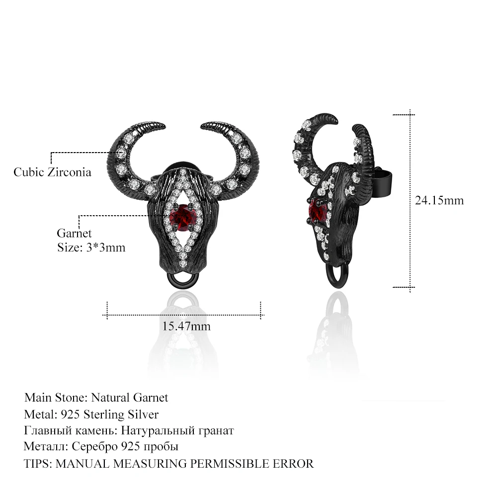 

GEM'S BALLET 925 Sterling Silver Bull Head Earrings Natural Red Garnet Gemstone Stud Earrings For Women Fine Jewelry Party