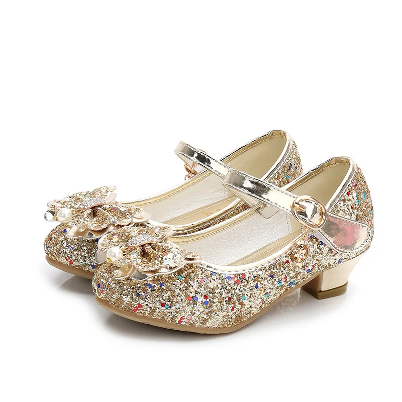

Fashion Girls Princess Butterfly-knot High Heels Leather Shoes Rhinestone Paillette Pearl Kids Shoes For Children Wedding Party