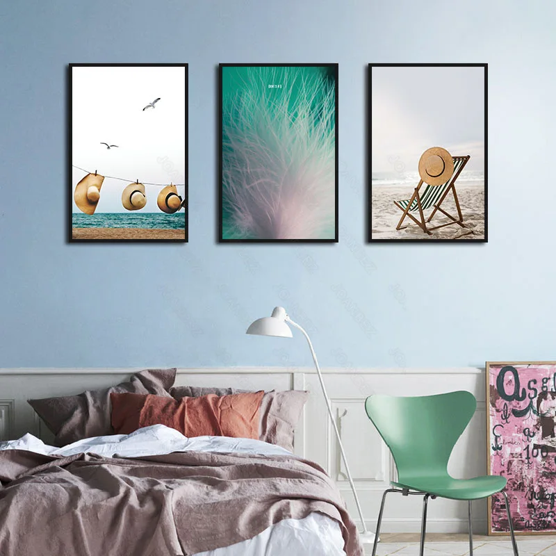 

Canvas Painting Beach Seaside Sunhat Natural Landscape Poster Nordic Green Minimalist Art Wall Posters Bedroom Home Decoration
