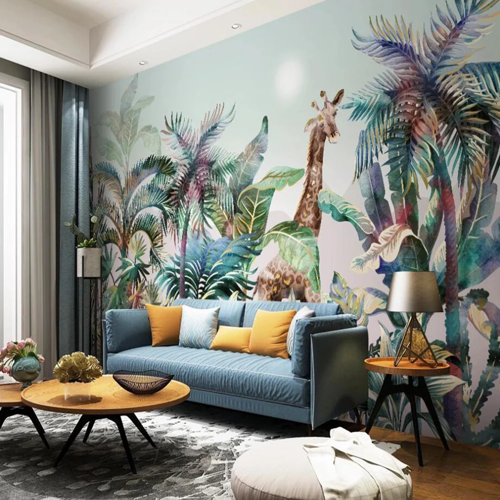 3D-обои Milofi на заказ роспись вручную тропические растения лес жираф гостиная