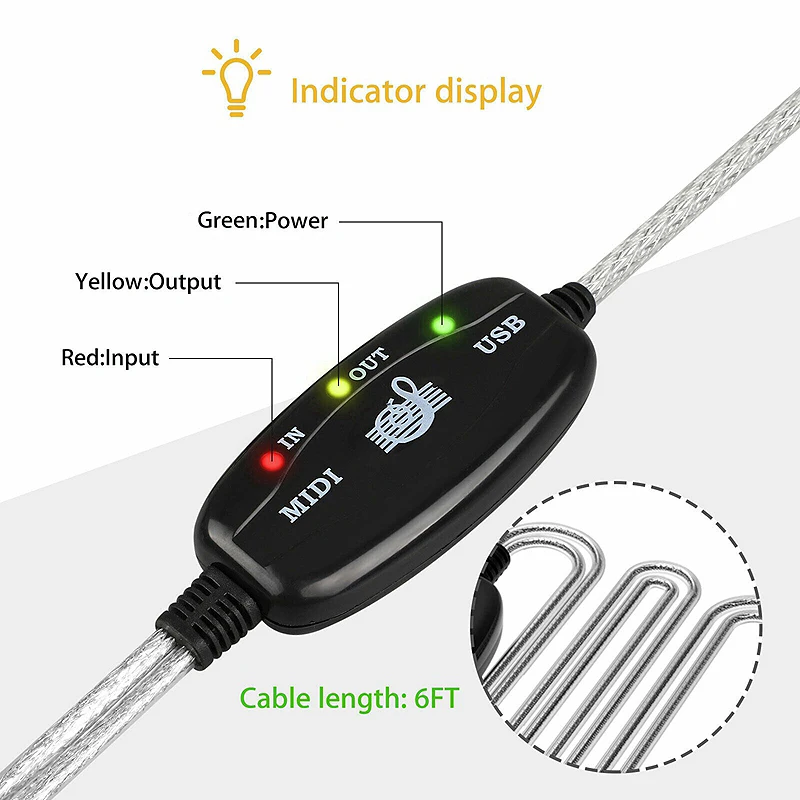 

5Pcs 1.8M USB IN-OUT MIDI Cable Converter PC to Music Keyboard Adapter Cord Extension Cable Music Line